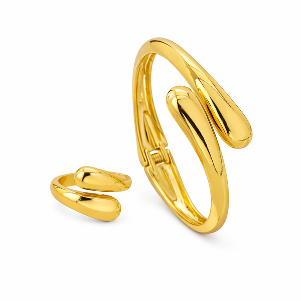 Women Teardrop Alloy Non-Closure Bracelet and Ring Set Gold Plated 2 Piece