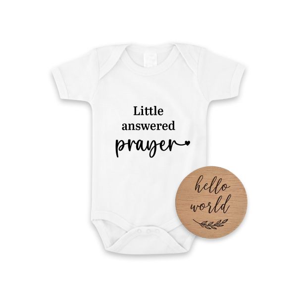 Little Answered Prayer IVF Pregnancy Announcement Onesie &amp; Hello World Disc