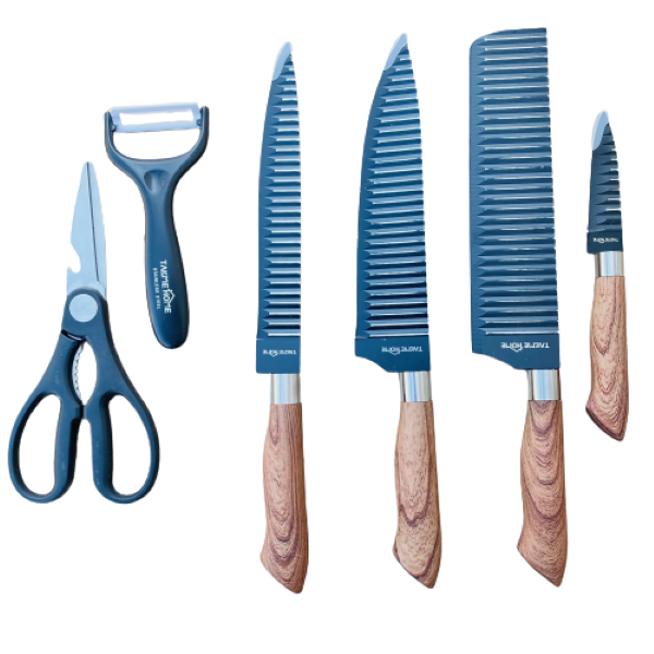 TMH -6 Piece Stainless Steel Corrugated Kitchen Knife Set - Black and Brown