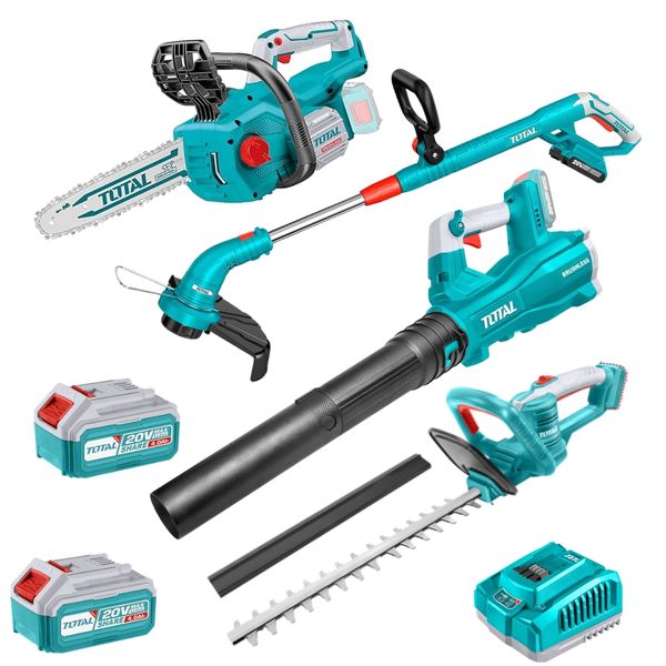 Total Tools - Cordless Chainsaw, Leaf Blower, Hedge &amp; Grass Trimmer 20V Kit