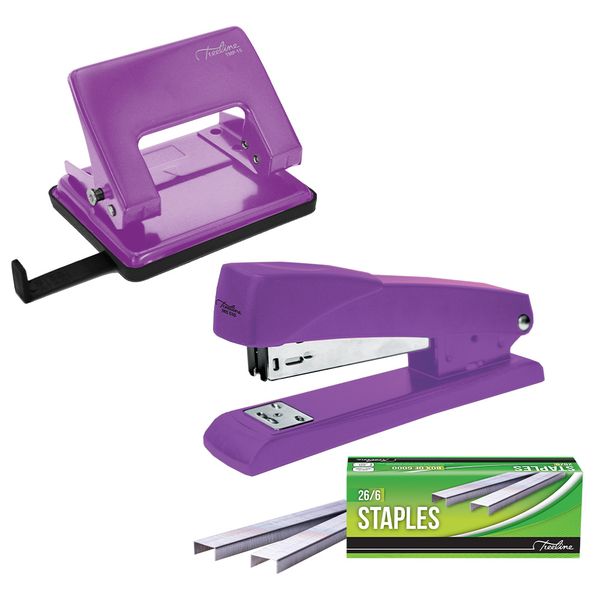Treeline Metal Stapler &amp; Punch Combo + Box of Staples - Purple