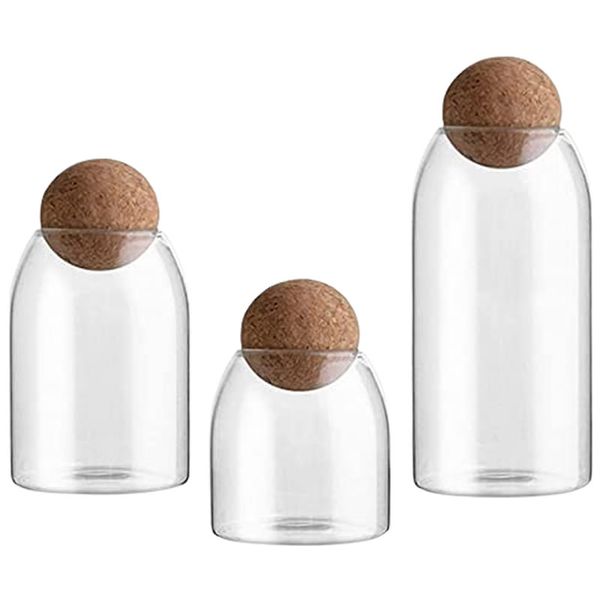 Clear Glass Jar with Cork Ball Lid Food Storage Jar Glass Canister - 3 Pieces