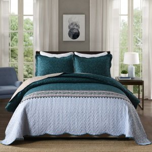Luxurious Patchwork Bedspread 100% Polyester Quilted Embroidered-Iceblue
