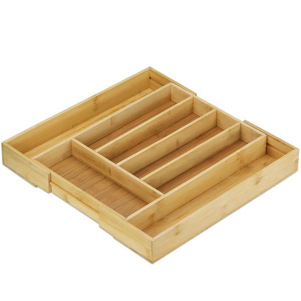 Expandable Bamboo Cutlery Drawer Organiser - Adjustable Utensil Tray