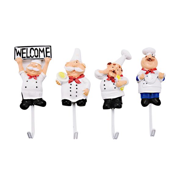 Pack Of 4 Resin French Chef Figurine Wall Hooks Hanger