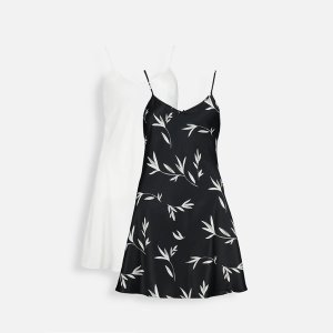 Satin Nightdress 2-Pack for Women - Black Print &amp; White
