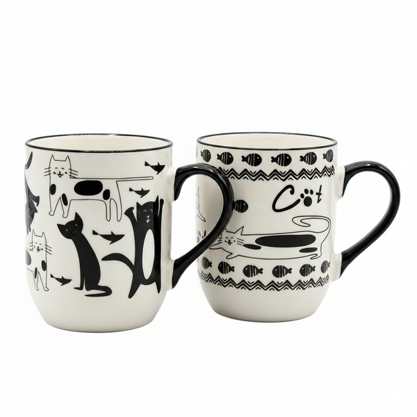 2-Pack Black &amp; White Cat Ceramic Coffee Mugs Mixed Designs