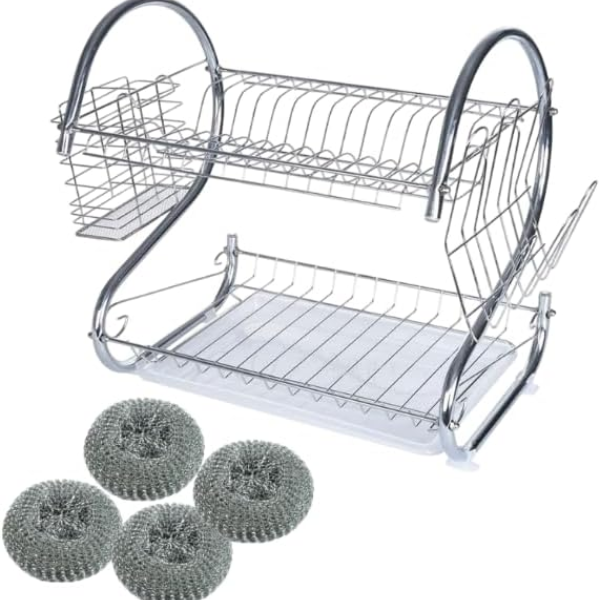 2 Tier Dish Drying Rack With 4 Scrubbers Set