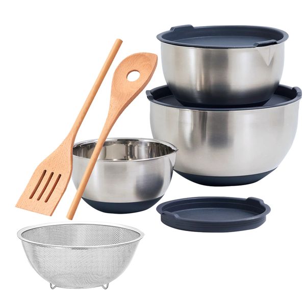 Stainless Steel Non-Slip Mixing Bowls with Lids Including Wood Salad Spoon