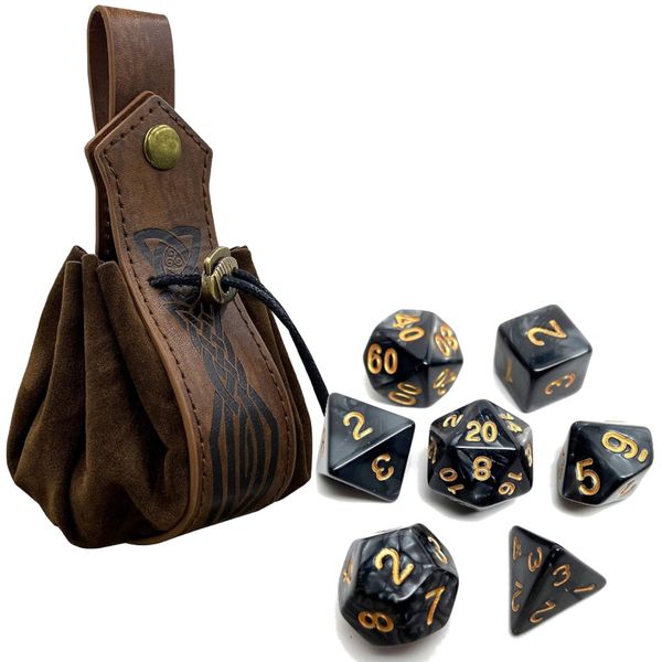 DND Polyhedral RPG 7pc Dice Set with Role-Playing Medieval Leather Belt Pouch