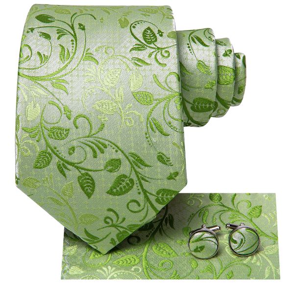 Men Silk Tie Grass Green Ties Boutonniere Handkerchief Cufflinks Set