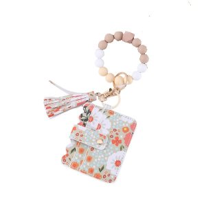 ID Bag, Boho Beaded Silicone Keychain Card Holder Small Purse Gifts(Khaki)