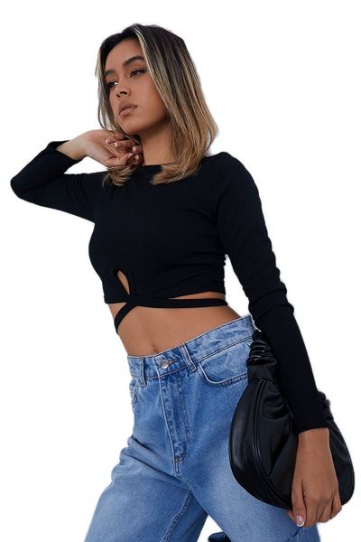 I Saw It First Ladies - Black Long Sleeve Ribbed Tie Waist Crop Top