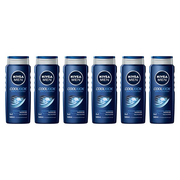 NIVEA MEN Cool Kick 3in1 Shower Gel Wash with Refreshing Menthol, 6x500ml