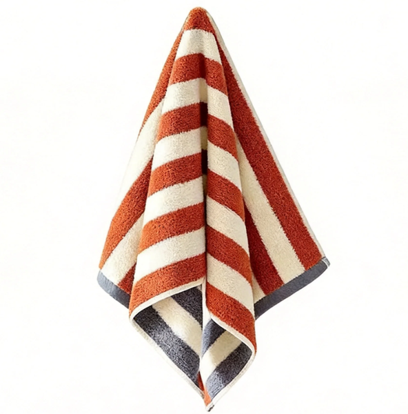 Soft Absorbent Striped Cotton Towel, Rust &amp; White with Gray Border