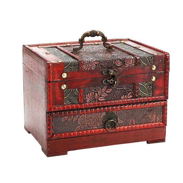 Antique Flower Carved Wooden Jewelry Storage Box