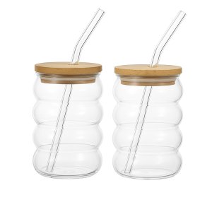 Keepred 2pcs Colorful Vintage Glass Cups with Bamboo Lids &amp; Straws