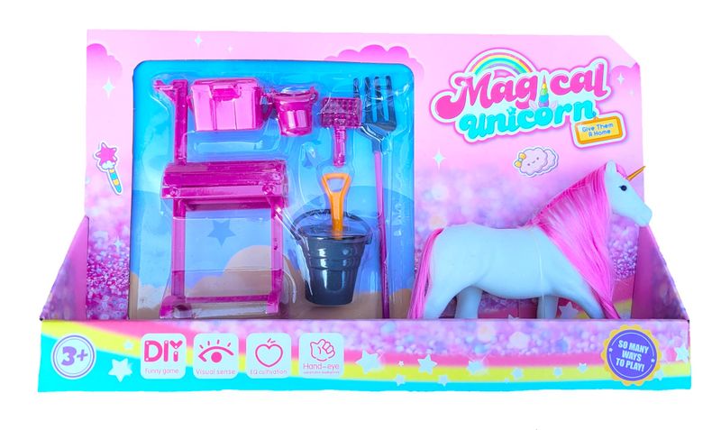 Magical Unicorn Toy Playset With Brush, Bucket, Spade &amp; Feedbox