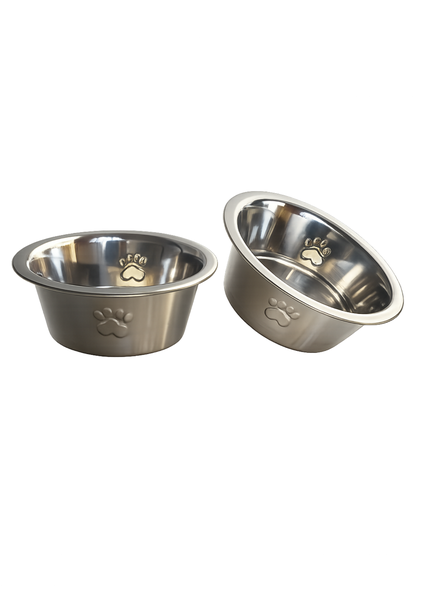 Stainless Steel Pet Feeding Bowl - Embossed Paw Design - Dog &amp; Cat - 2 Pack