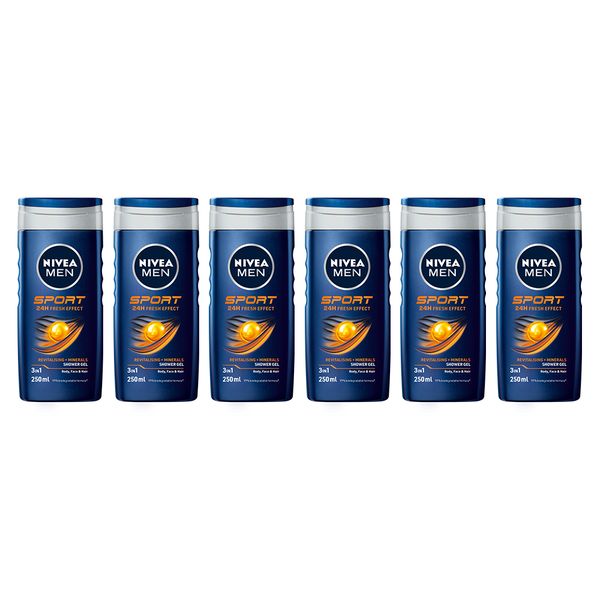 NIVEA MEN Sport 3in1 Shower Gel Wash with Revitalising Minerals, 6x250ml