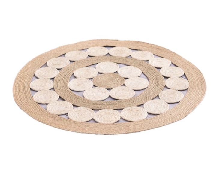 Decor Natural and White Flower Woven Rug Rattan