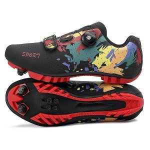 Men's MTB Cycling Shoes, Black with Colorful Graffiti, Durable Nylon Sole