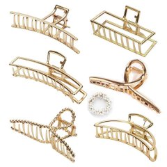 Large Metal Hair Claw Clips &amp; Pearl Stretch Band For Women Girls-Gold - 7 Piece