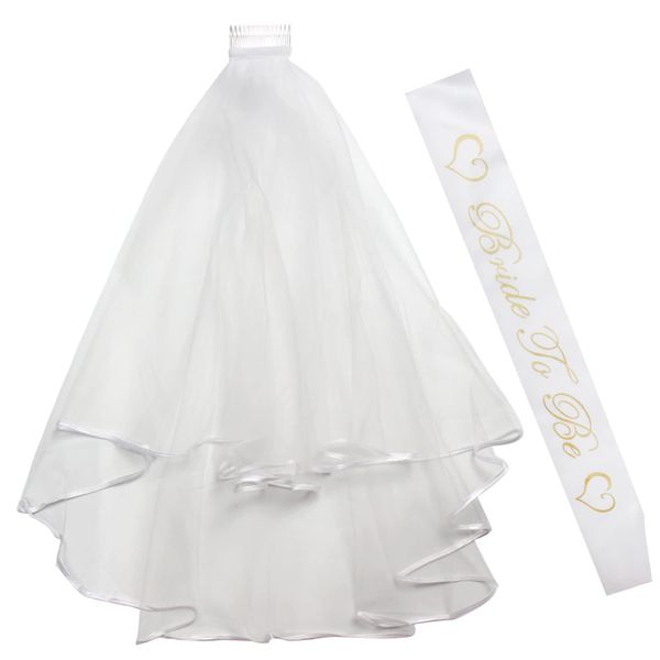 Simple Tulle Bridal Veil - Short White Veil &amp; Sash for Weddings &amp; Parties