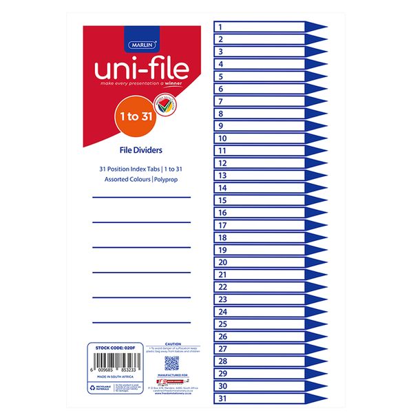 Uni-file File Divider, Polypropylene Board, 1 - 31 (Pack of 5)