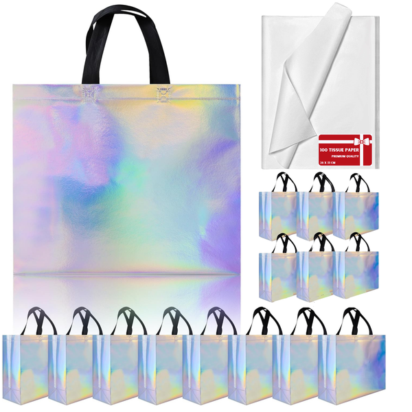 15 Glossy Iridescent Reusable Gift Bags &amp; 100 Gift Wrap White Tissue Paper