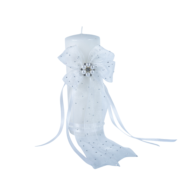 Christening Pillar Candle with Pearl Gem and Organza Bow - 18cm