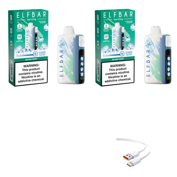 Elfbar Ice King 25k Miami Mint +DiscoVape Charging Cable (Pack of 2)