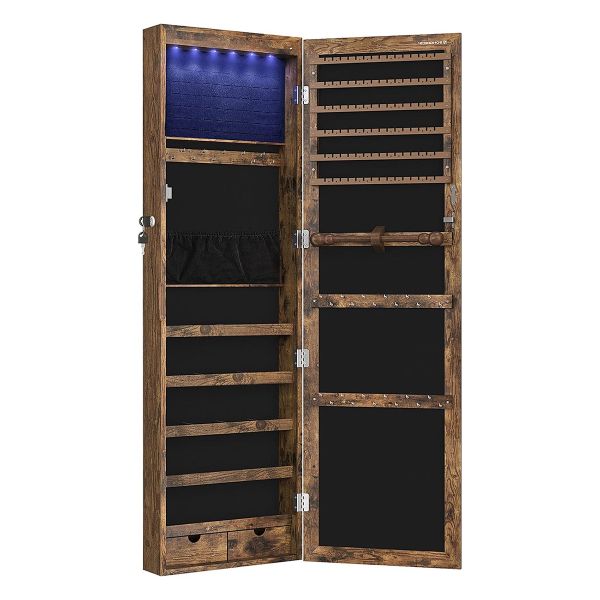 6 LEDs Mirror Jewelry Cabinet 120cm Wall/Door Mounted Organizer