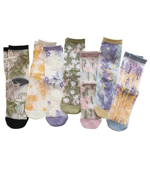 Womens Floral Sheer Socks Thin Mesh Ankle Transparent Crystal Silk Socks