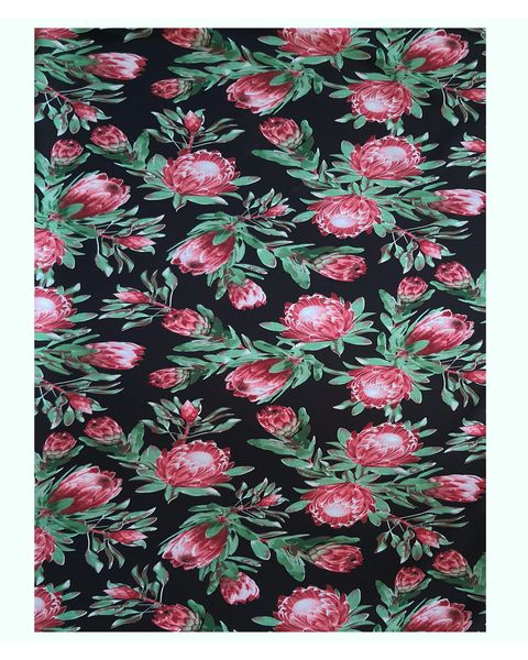 Black Tablecloth with Pink Protea's and Green Leaves 6-8 Seater (245x145cm)