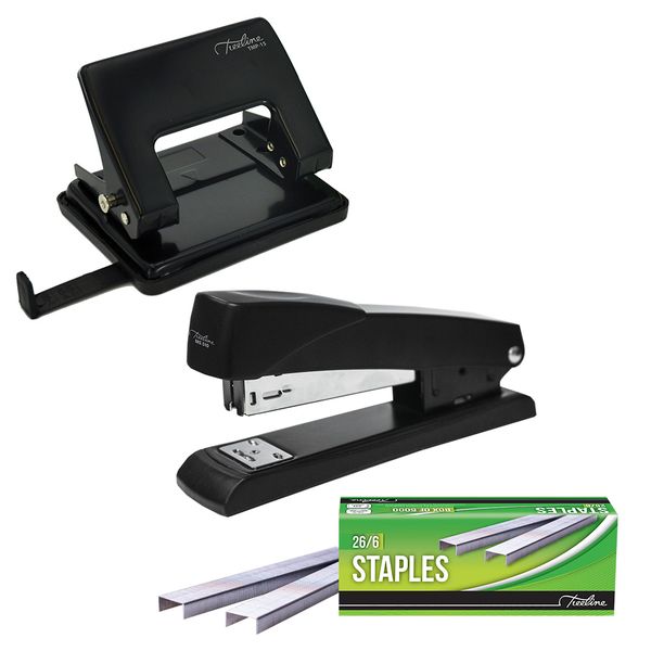 Treeline Metal Stapler &amp; Punch Combo + Box of Staples - Black