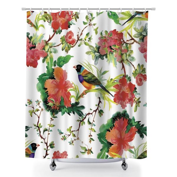 Birds and Flowers Pattern Waterproof Shower Curtain Sets with 12 Hooks