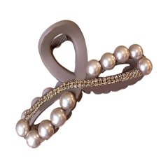 Rhinestone And Faux Pearl Bow Shaped Hair Claw Clip - Brown