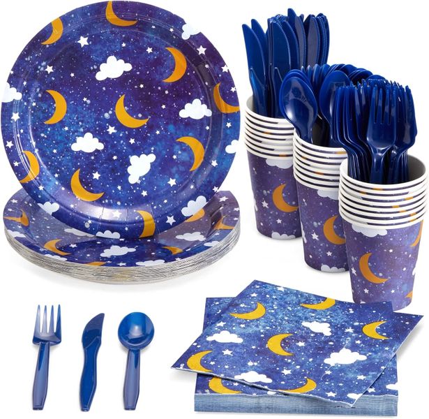 Topika - 144-Piece Moon and Stars Baby Shower Paper Party Plates Set