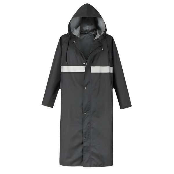 PVC Men Raincoat with Hat &amp; Shiny Reflective Strip Long Coat Outdoor Rain Suit