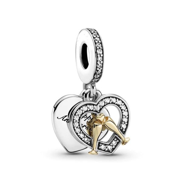 925 Sterling Silver Two Tone Happy Anniversary Heart Dangle Charm