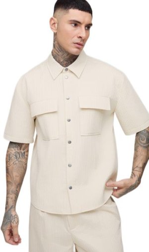 boohooMAN - Men's Tall Fit Technical Pleated Short Sleeve Shirt - Stone