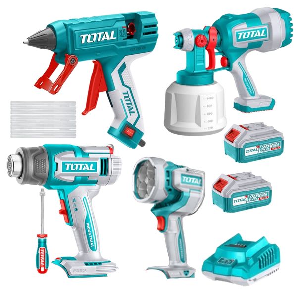 Total Tools - Cordless Spray Gun, Heat Gun, Glue Gun &amp; Work Light Kit
