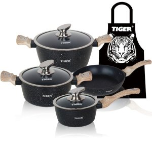 Tiger Non-Stick 8 Piece Marble Coating Cookware Set Black