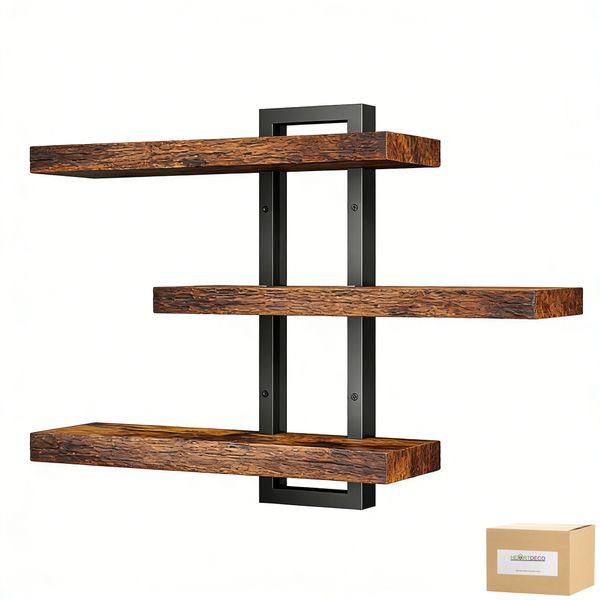Heartdeco 3-Tier Rustic Floating Shelves, Wooden Wall Decor Storage Rack