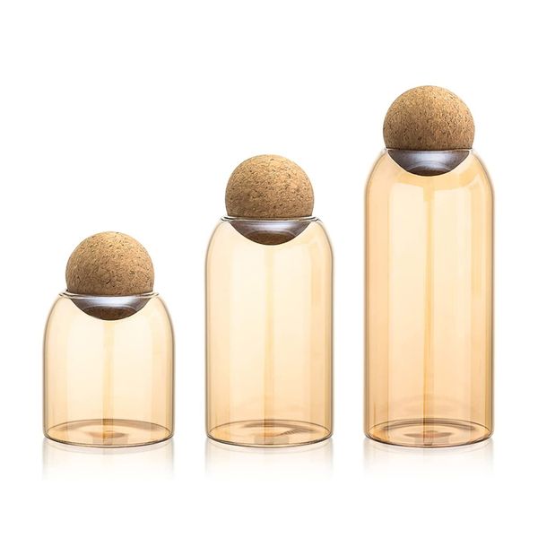 Pack Of 3 Glass Food Jar Container With Sealed Round Ball Cork Set - Amber