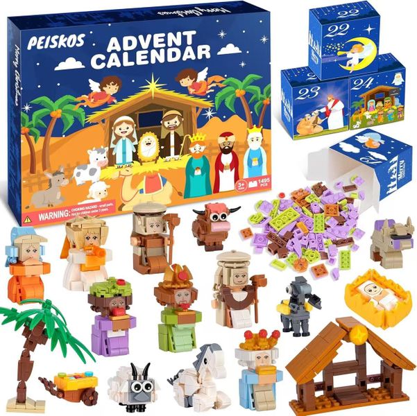 PEISKOS Nativity Christmas Advent Calendar Jesus Blocks for Kids Gifts