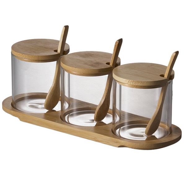 3 Glass Spice Storage Jar Set With Wooden Lid And Spoon