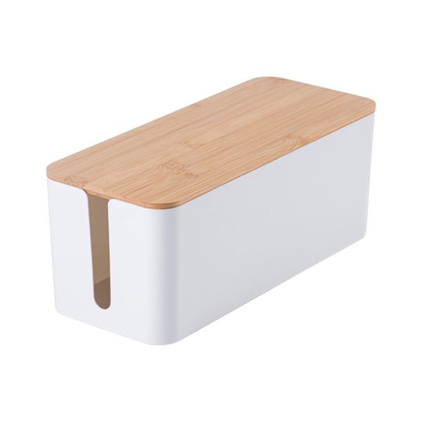 Medium Bamboo Cover Cable Management Storage Box - White