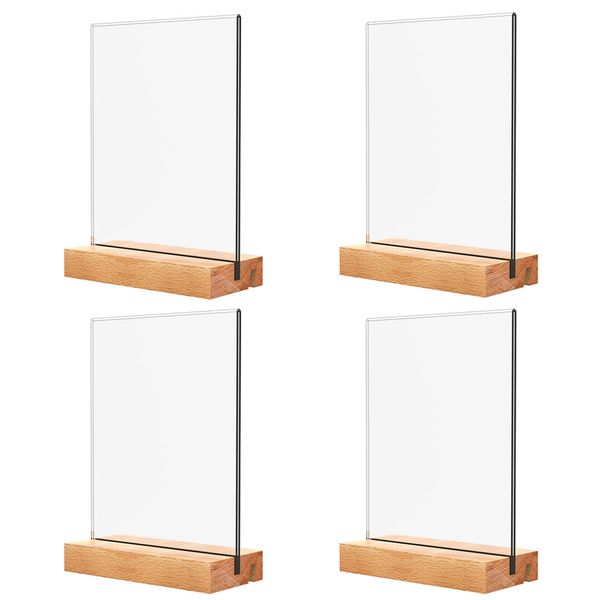 4 Pieces Acrylic Sign A4 Holders with Wooden Base, Desktop Display Stand